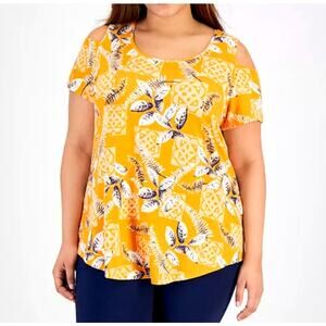 JM Collection Women's Plus Size 3X Tropical Maze Short Sleeve Cold-Shoulder Top